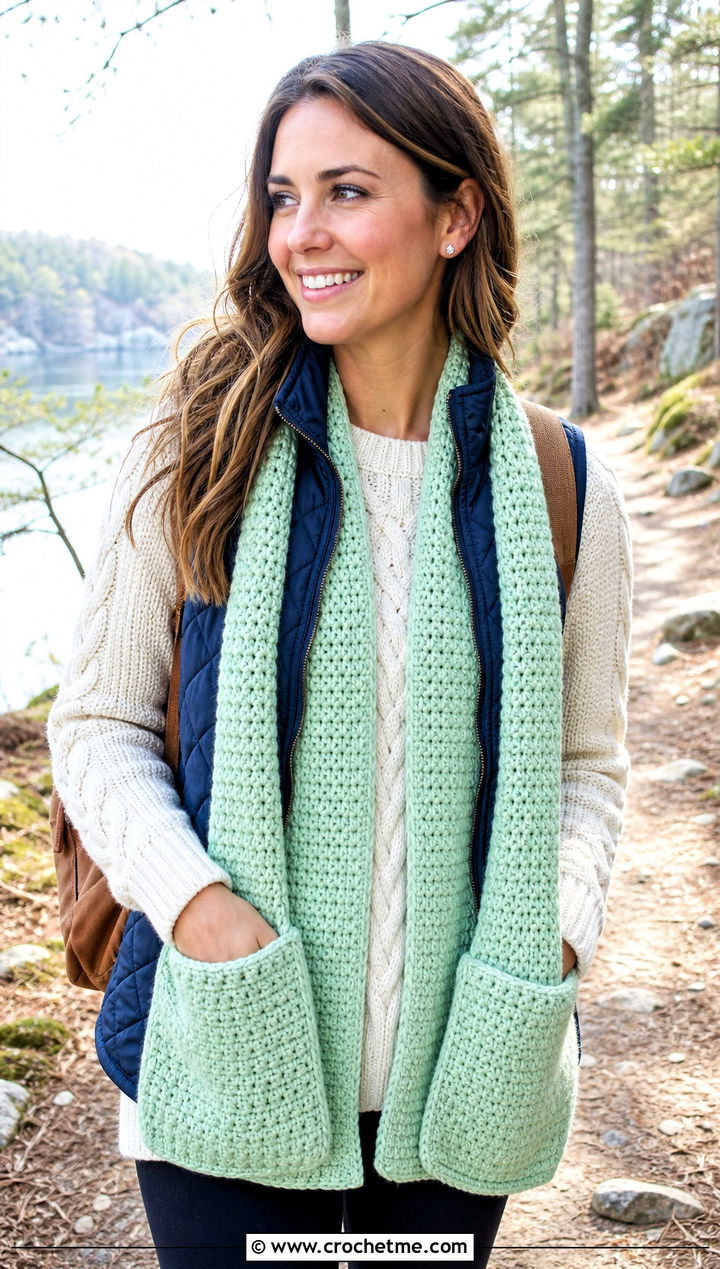 Pocket Crochet Scarf With Cable Sweater And Leggings - 35 fun crochet scarf outfit ideas