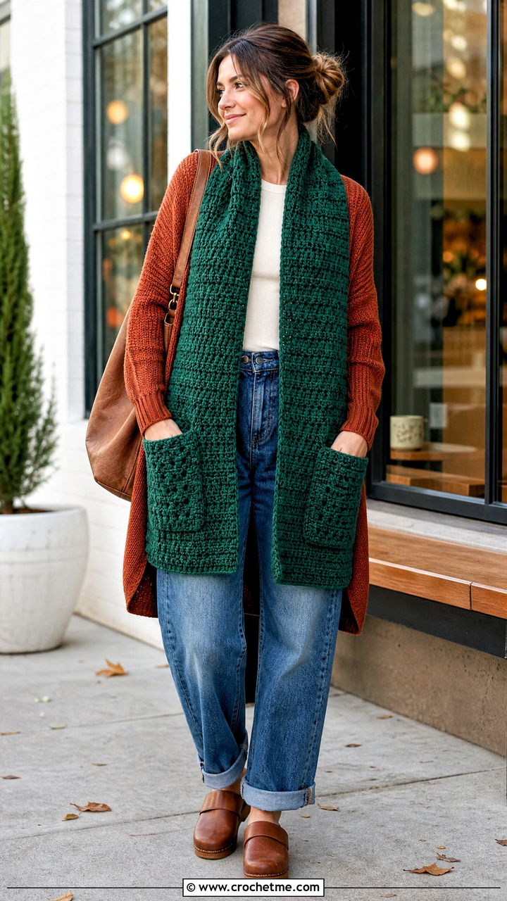 Pocket Crochet Scarf With Cardigan And Jeans - 35 easy crochet scarf outfit ideas