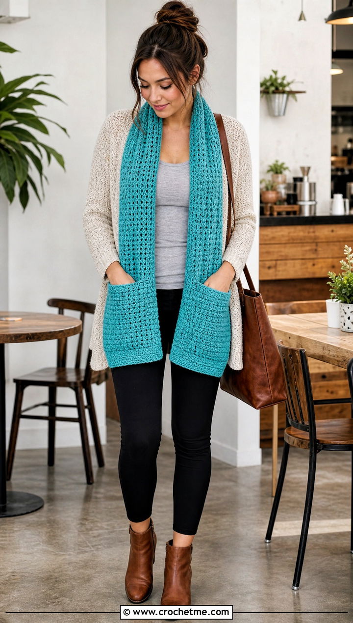 Pocket Crochet Scarf With Cardigan And Leggings - 35 easy crochet scarf for beginners outfit ideas
