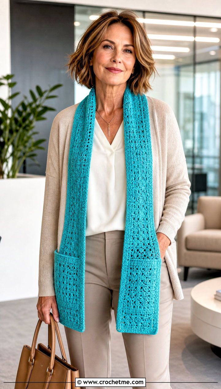 Pocket Crochet Scarf With Cardigan And Tailored Pants - 20 Elegant Crochet Scarf outfit ideas
