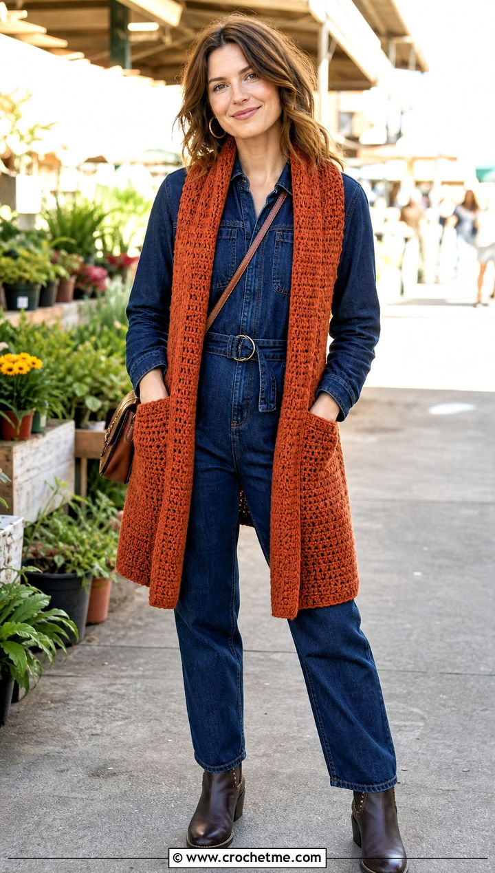 Pocket Crochet Scarf With Denim Utility Jumpsuit - 25 denim and crochet scarf outfit ideas