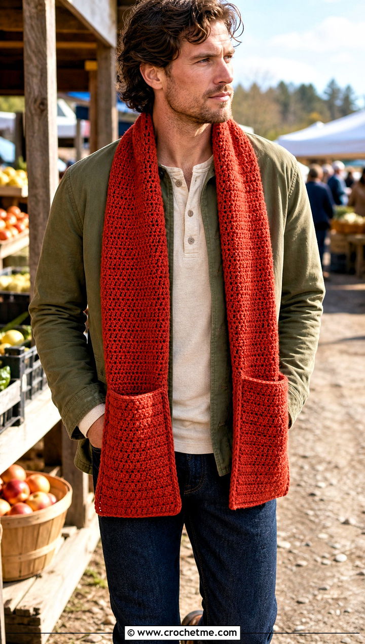 Pocket Crochet Scarf With Field Jacket - 30 Mens Crochet Scarf outfit ideas