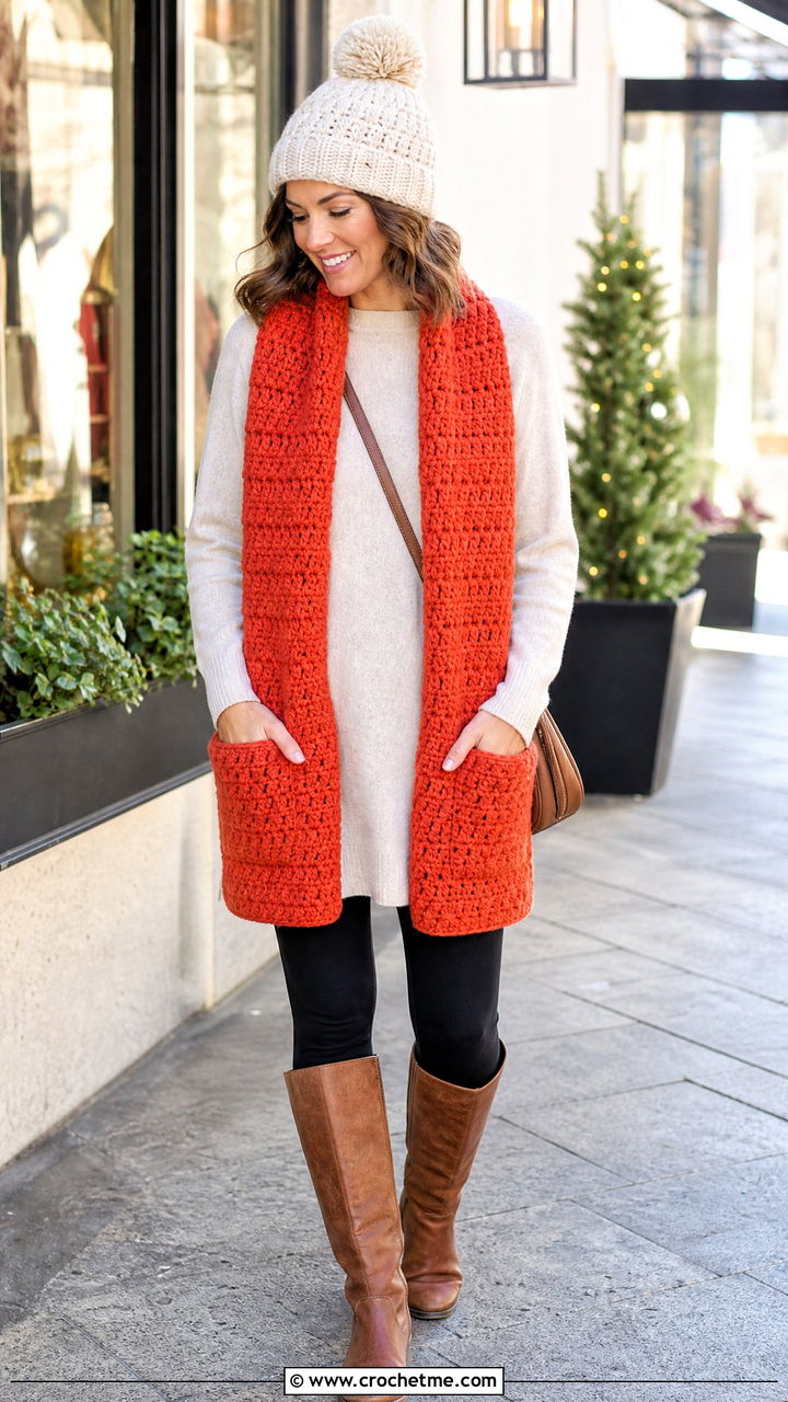 Pocket Crochet Scarf With Leggings And Boots - 35 crochet scarf ideas