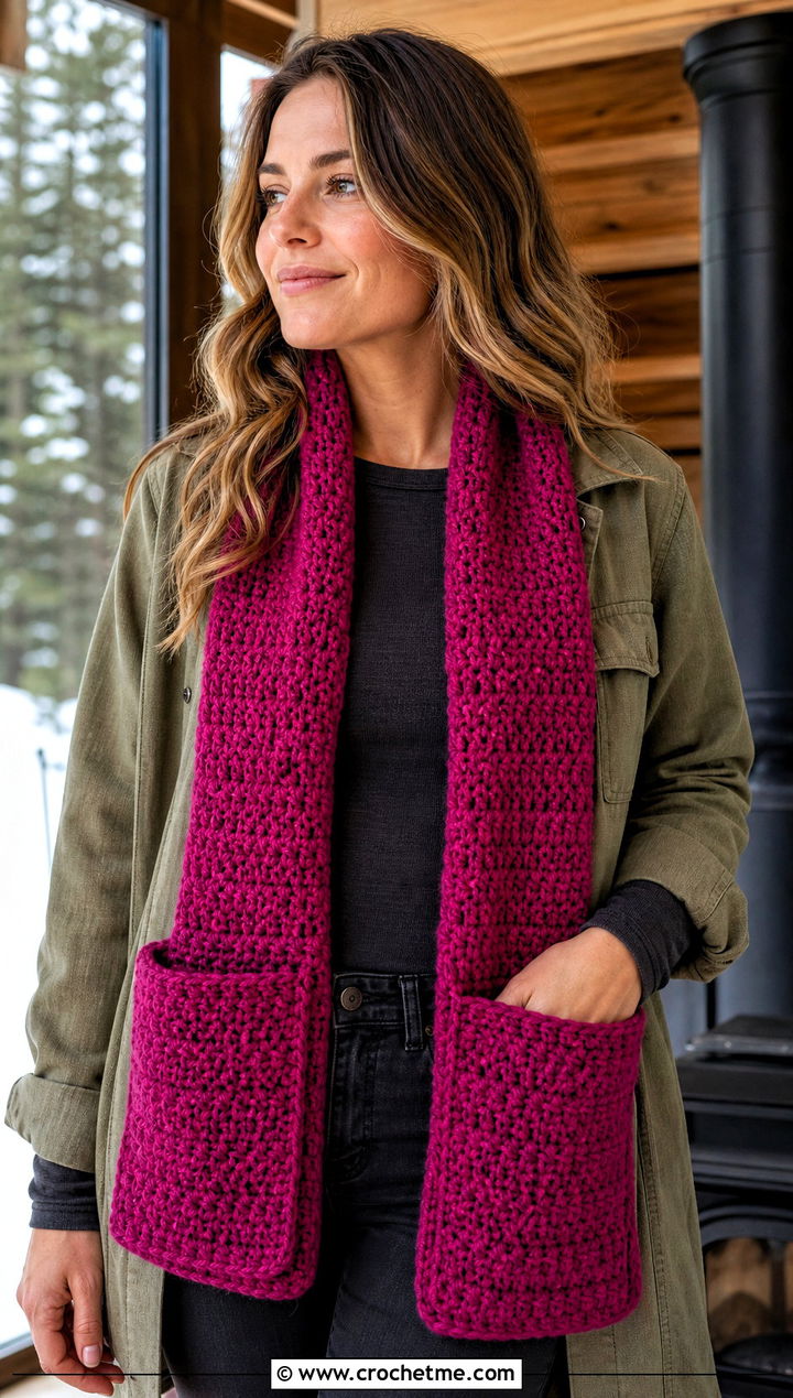 Pocket Crochet Scarf With Leggings And Shacket - 30 wanderlust crochet scarf outfit ideas