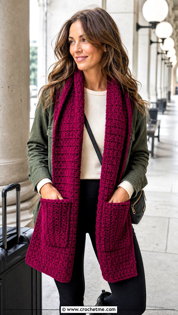Pocket Crochet Scarf With Leggings And Shacket - 30 unique crochet scarf outfit ideas