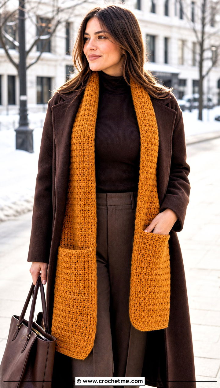 Pocket Crochet Scarf With Long Wool Coat - 15 beginner crochet scarf design outfit ideas