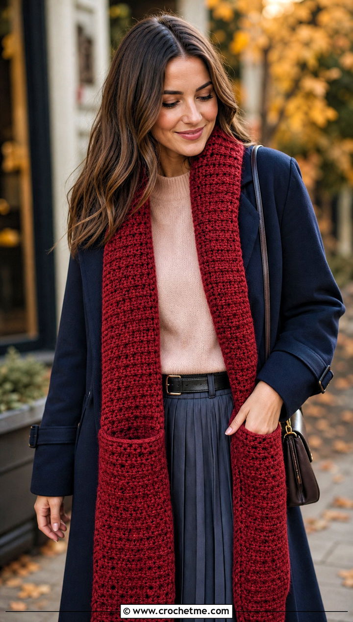 Pocket Crochet Scarf With Midi Skirt - 25 Beautiful Crochet Scarf outfit ideas