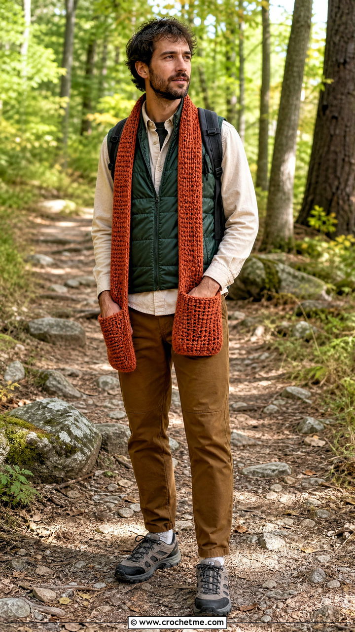 Pocket Crochet Scarf With Outdoor Outfit - 35 men's crochet scarf outfit ideas