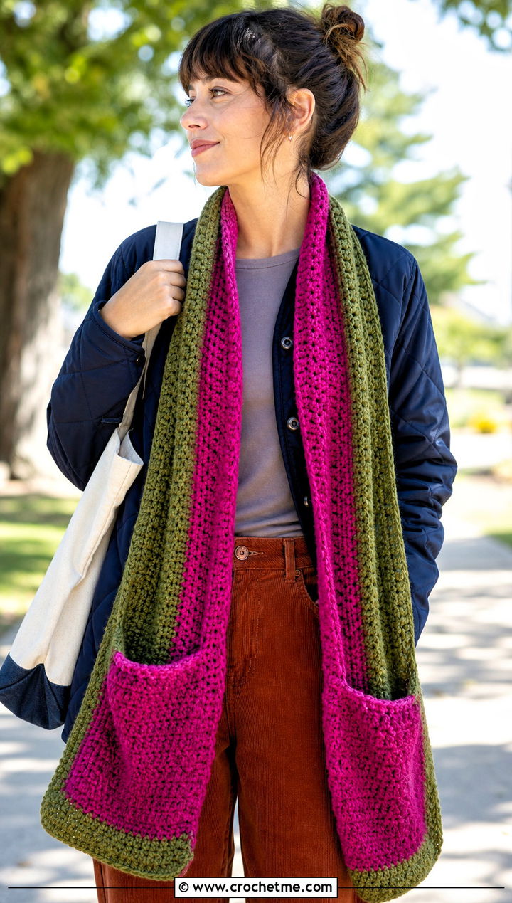 Pocket Crochet Scarf With Quilted Jacket And Corduroy Pants - 30 2 color crochet scarf outfit ideas