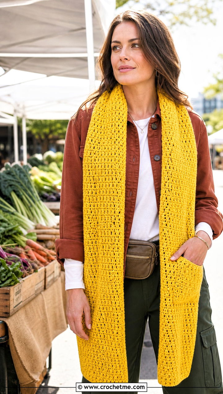 Pocket Crochet Scarf With Shacket And Cargo Pants - 15 Crochet Unisex Scarf outfit ideas