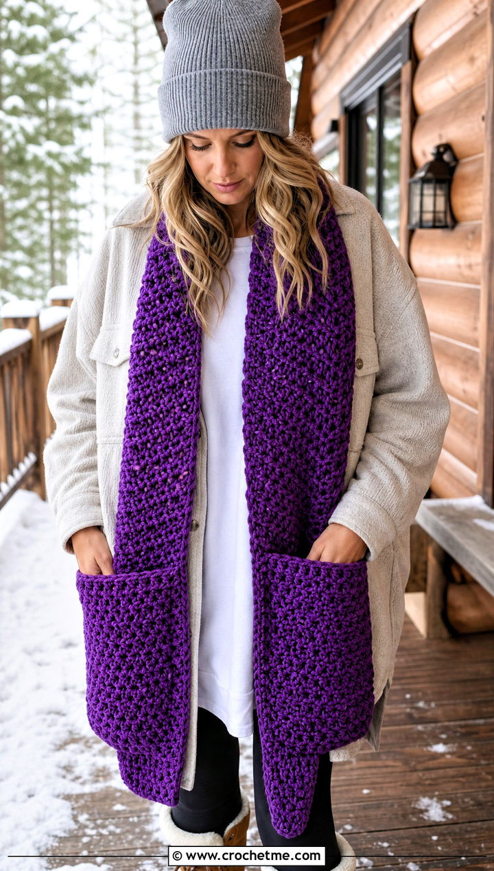 Pocket Crochet Scarf With Shacket And Leggings - 25 pretty crochet scarf outfit ideas