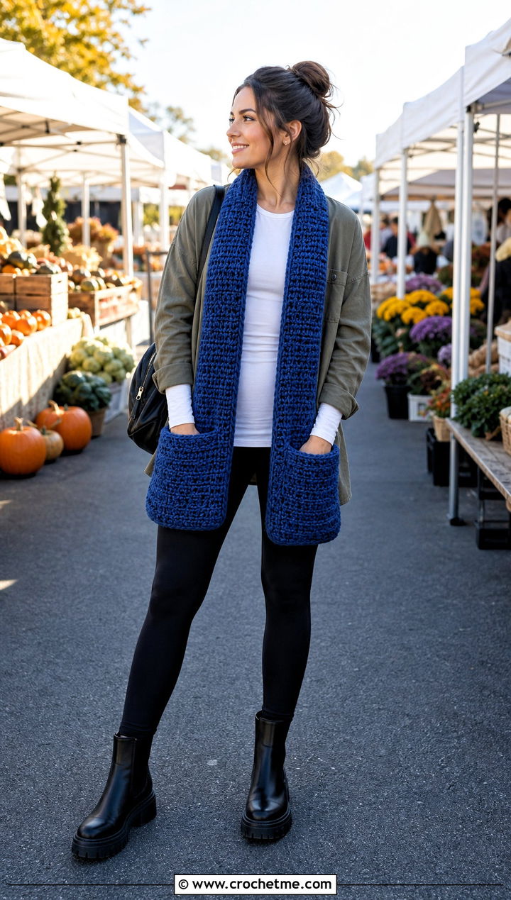 Pocket Crochet Scarf With Shacket And Leggings - 35 crochet scarves outfit ideas