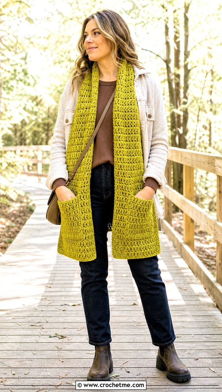 Pocket Crochet Scarf With Shacket And Straight Jeans - 25 Crochet Fun Scarf outfit ideas