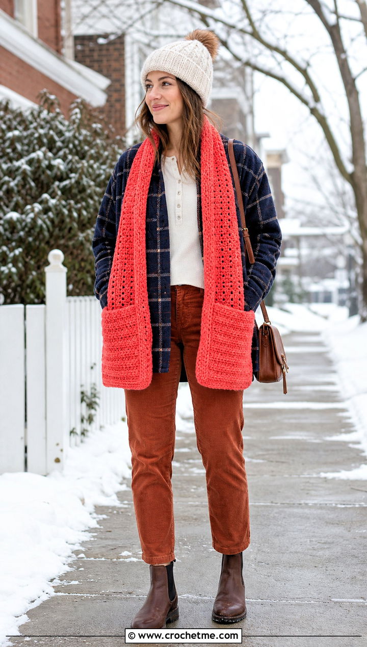 Pocket Crochet Scarf With Shacket and Corduroy Pants - 35 Winter Crochet Scarf outfit ideas