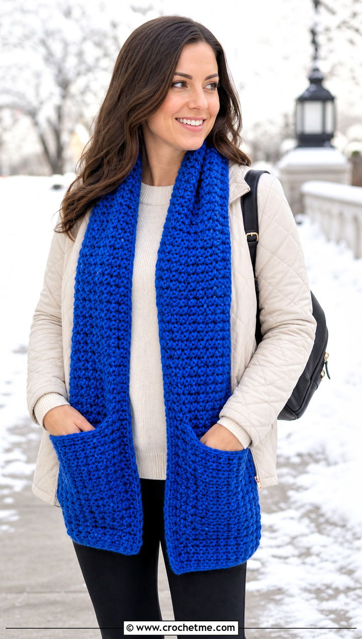 Pocket Crochet Scarf With Sweater And Leggings - 25 Quick And Easy Crochet Scarf outfit ideas