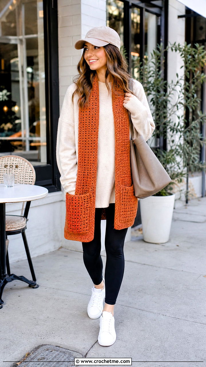 Pocket Crochet Scarf With Sweater And Leggings - 35 simple crochet scarf outfit ideas