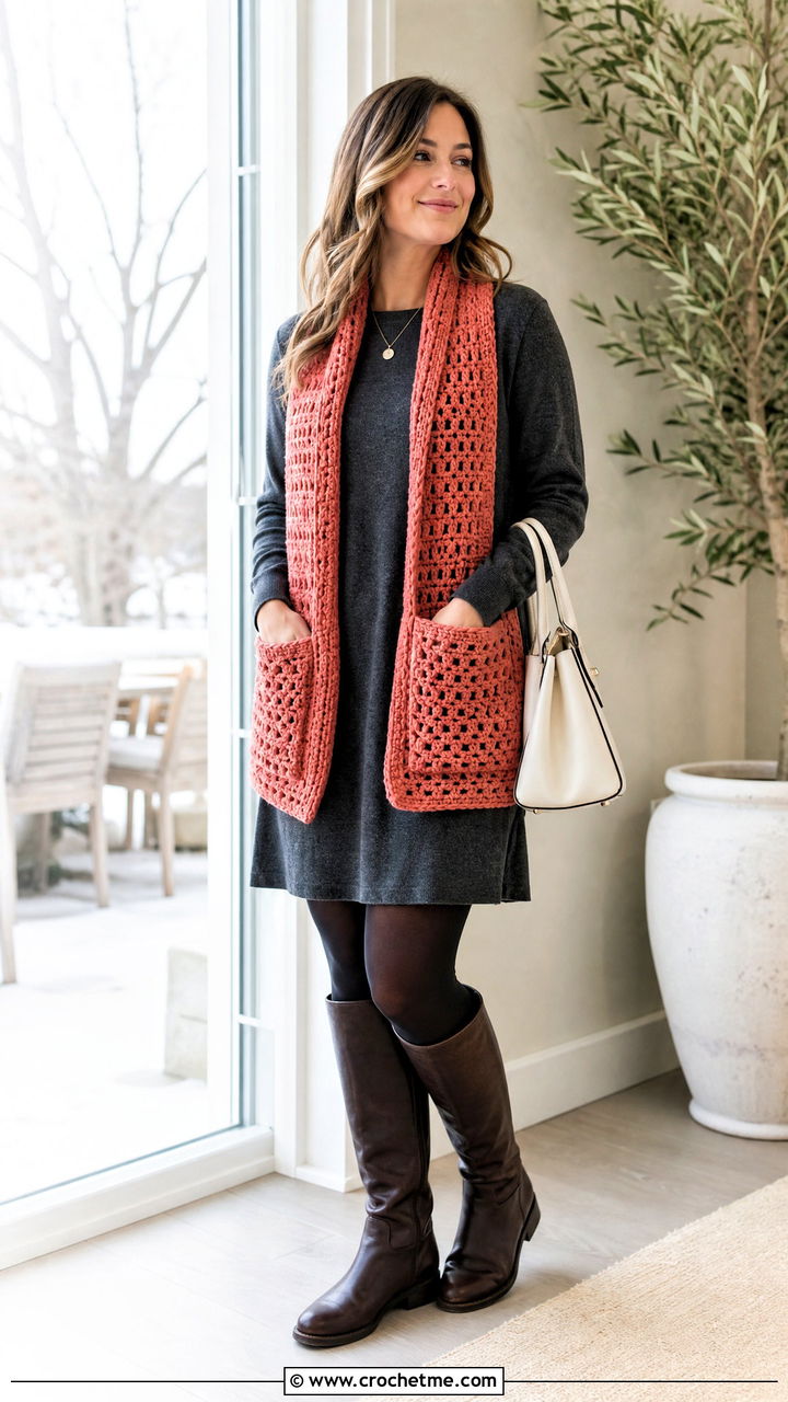 Pocket Crochet Scarf With Sweater Dress - 35 beginner crochet scarf outfit ideas