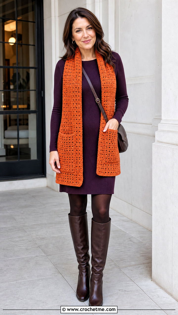 Pocket Crochet Scarf With Sweater Dress - 35 fall crochet scarf outfit ideas