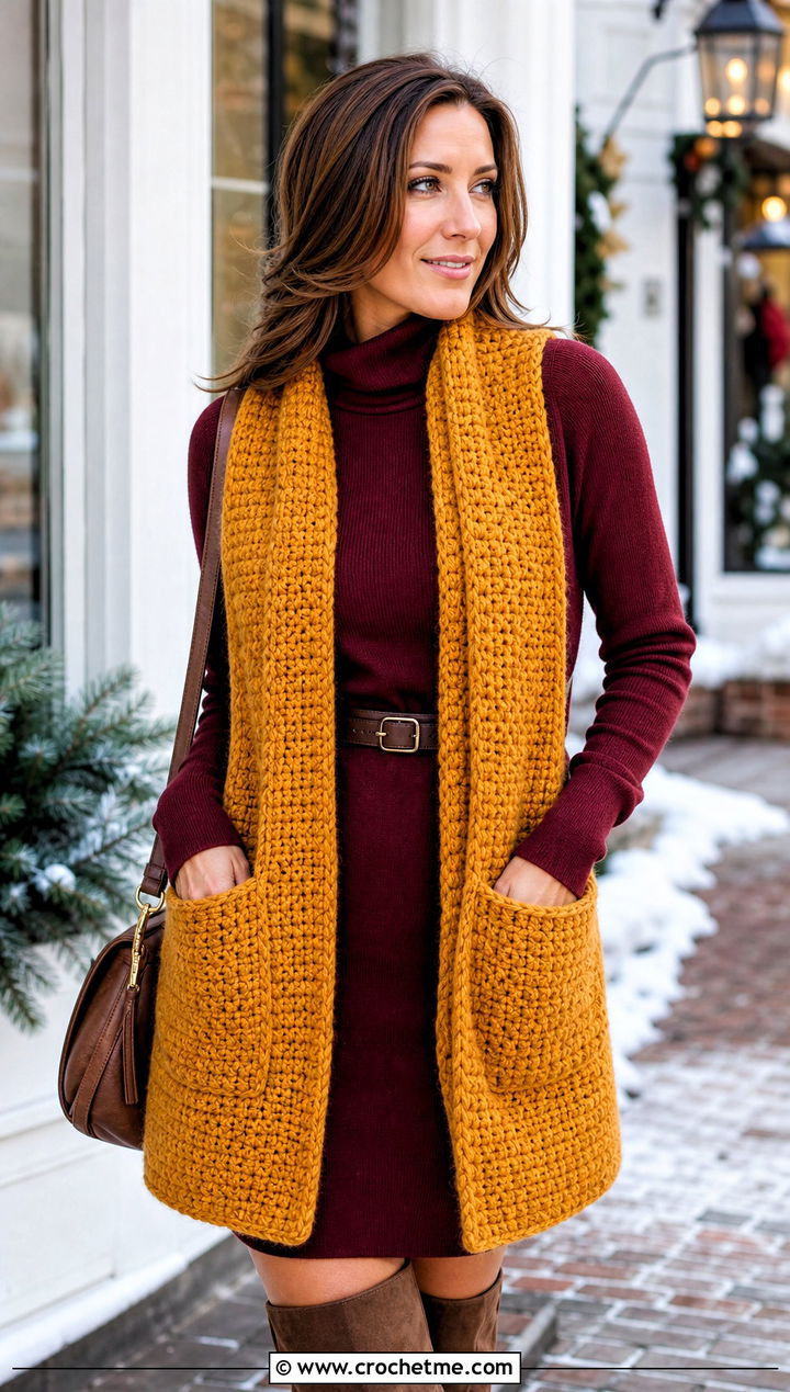 Pocket Crochet Scarf With Sweater Dress - 25 boho crochet scarf outfit ideas