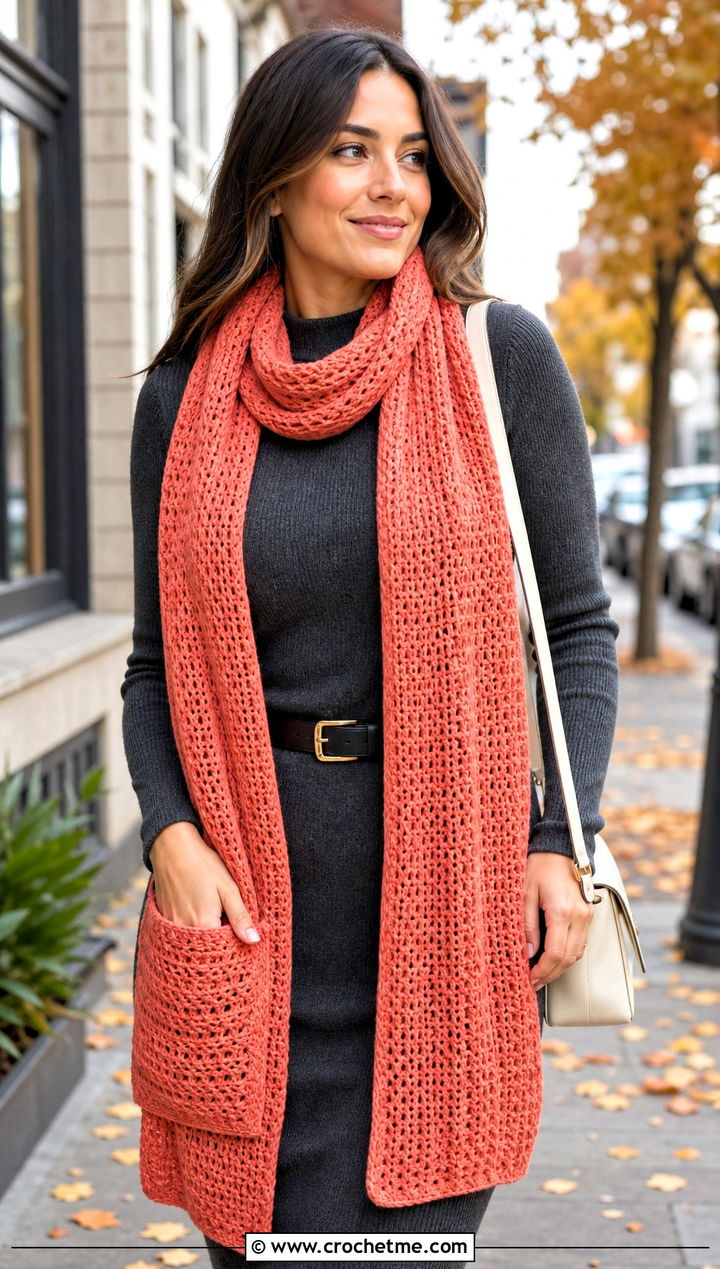 Pocket Crochet Scarf With Sweater Dress - 25 Crochet For Beginners Scarf outfit ideas
