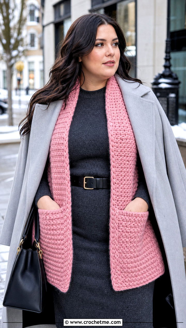 Pocket Crochet Scarf With Sweater Dress - 25 Multifunctional Crochet Scarf outfit ideas