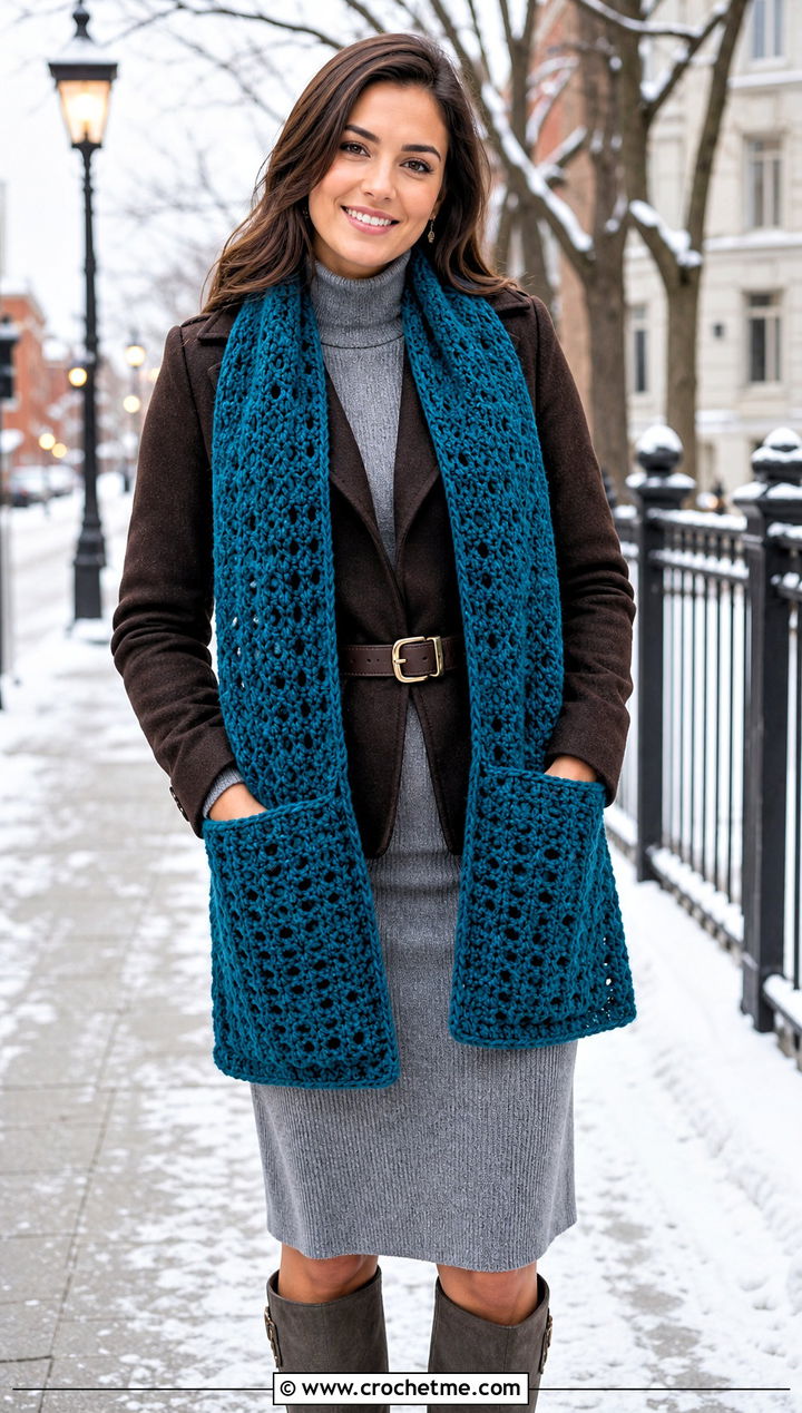 Pocket Crochet Scarf With Sweater Dress - 20 Beginner Crochet Projects Scarf outfit ideas