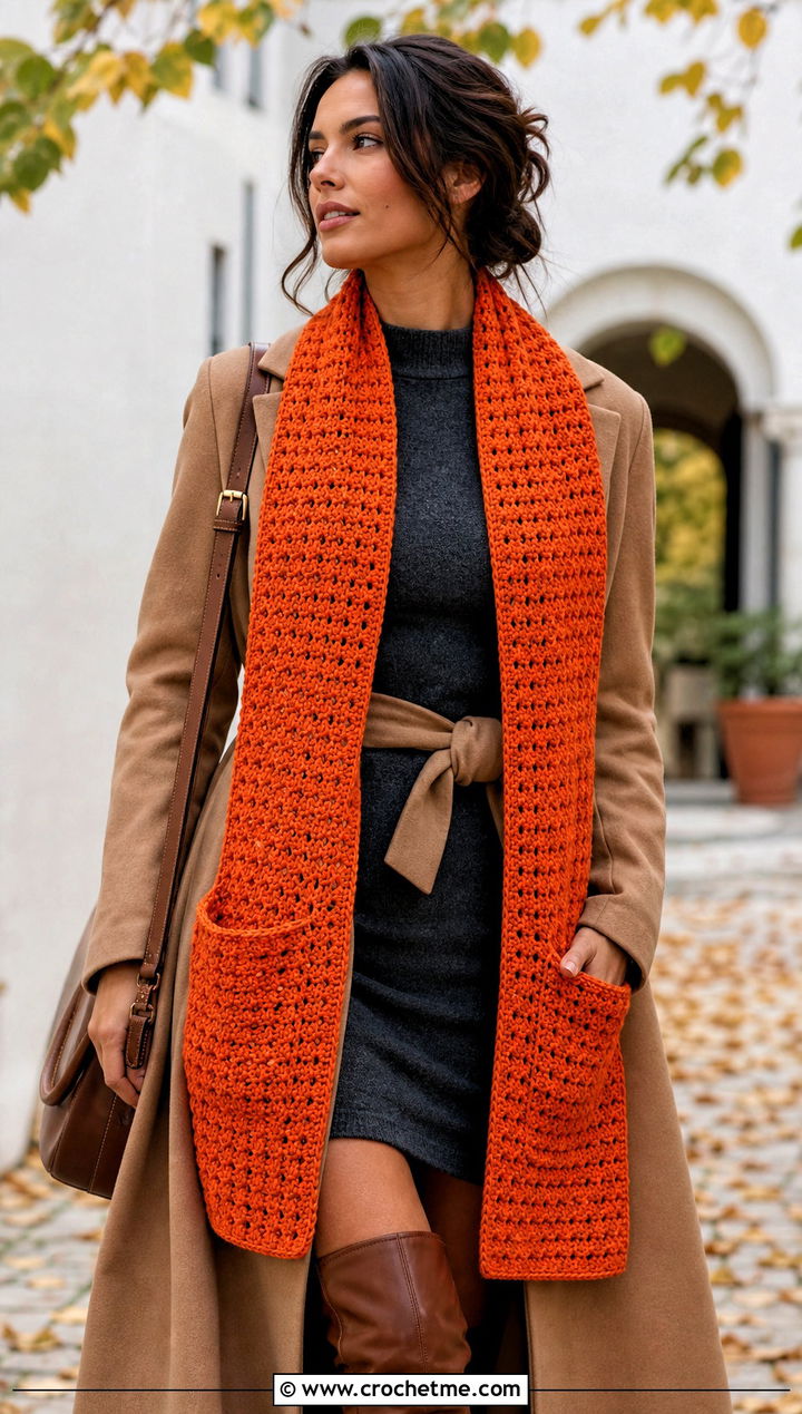 Pocket Crochet Scarf With Sweater Dress - 30 autumn crochet scarf outfit ideas