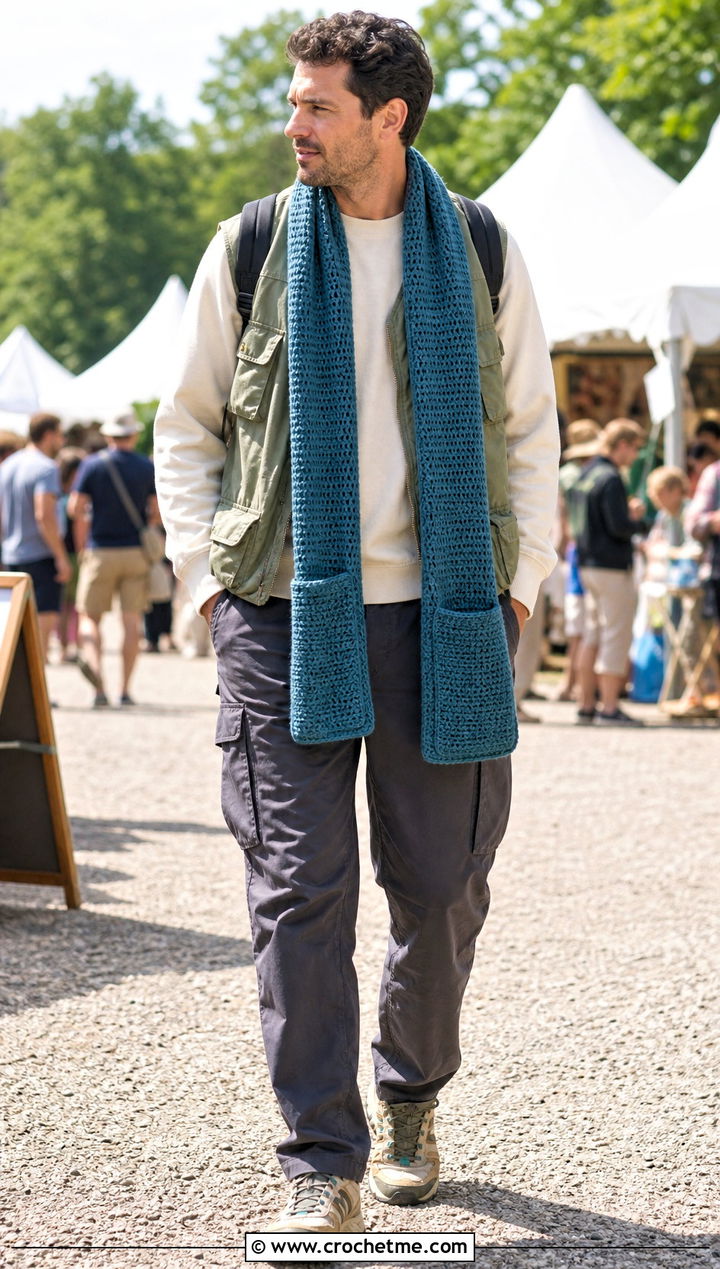 Pocket Crochet Scarf With Utility Vest - 35 men crochet scarf outfit ideas