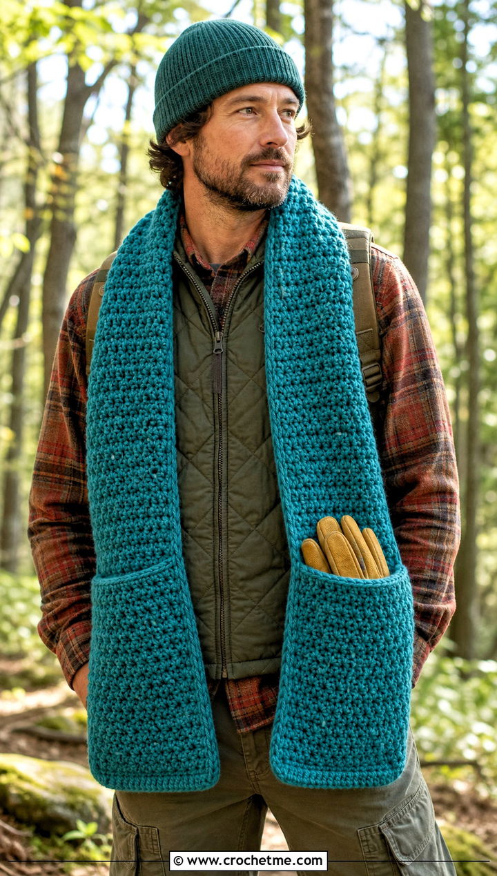 Pocket Crochet Scarf With Utility Vest - 20 Mens Winter Crochet Scarf outfit ideas