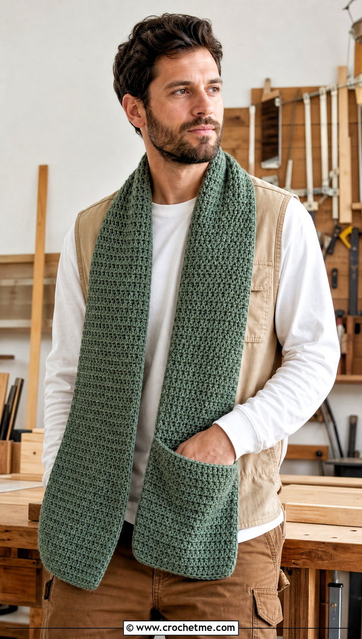 Pocket Crochet Scarf With Utility Vest - 30 crochet scarf ideas for men