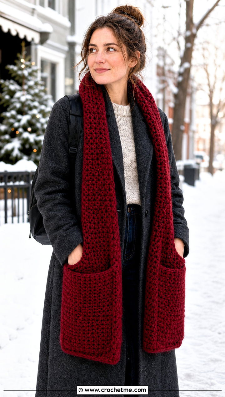 Pocket Crochet Scarf With Wool Coat And Straight Leg Jeans - 15 Vibrant Crochet Scarf outfit ideas