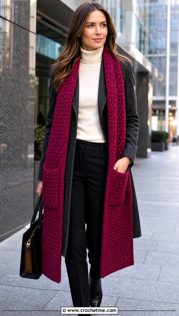 Pocket Crochet Scarf With Wool Coat - 15 Winter Crochet Scarf Design outfit ideas