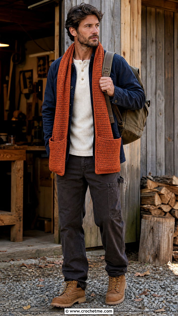 Pocket Crochet Scarf With Workwear Outfit - 35 crochet scarf for men outfit ideas