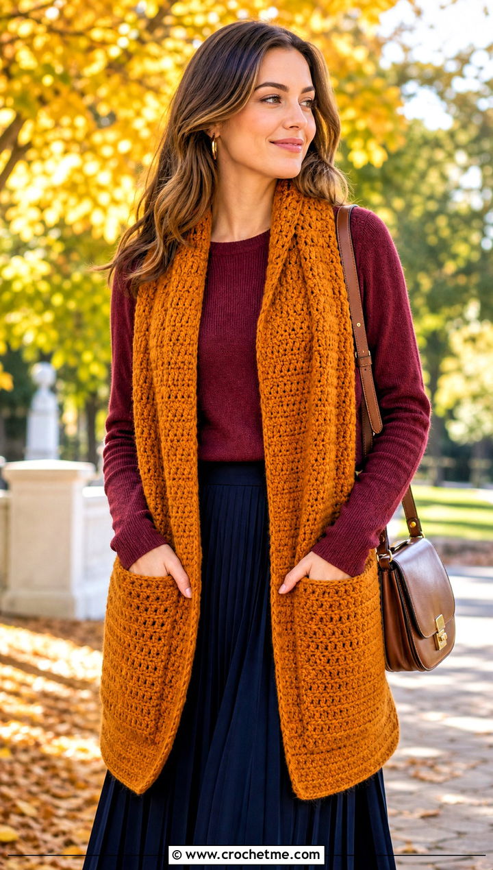 Pocket Crochet Shawl Scarf With Midi Skirt - 30 crochet shawl scarf outfit ideas