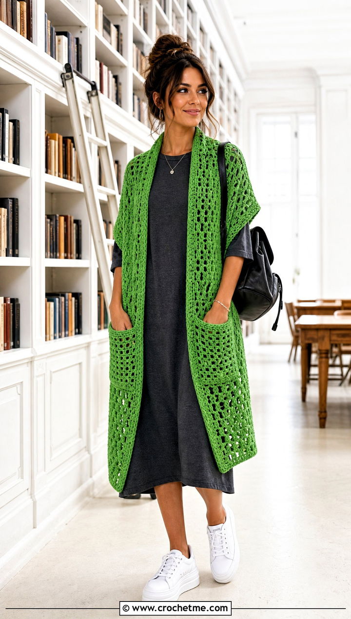 Pocket Crochet Shawl With A T Shirt Dress - 15 Beginner Crochet Wrap outfit ideas