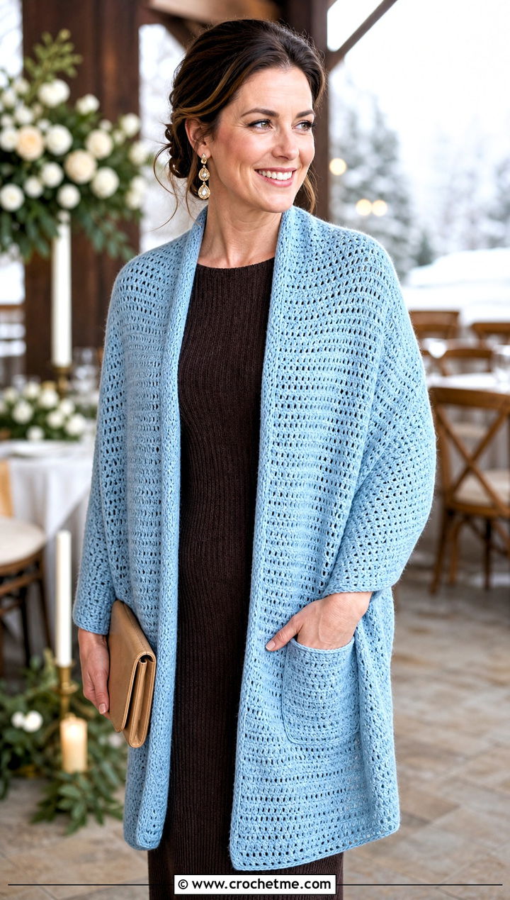 Pocket Crochet Shawl With Knit Column Dress - 15 Winter Wedding Crochet Shawl outfit ideas