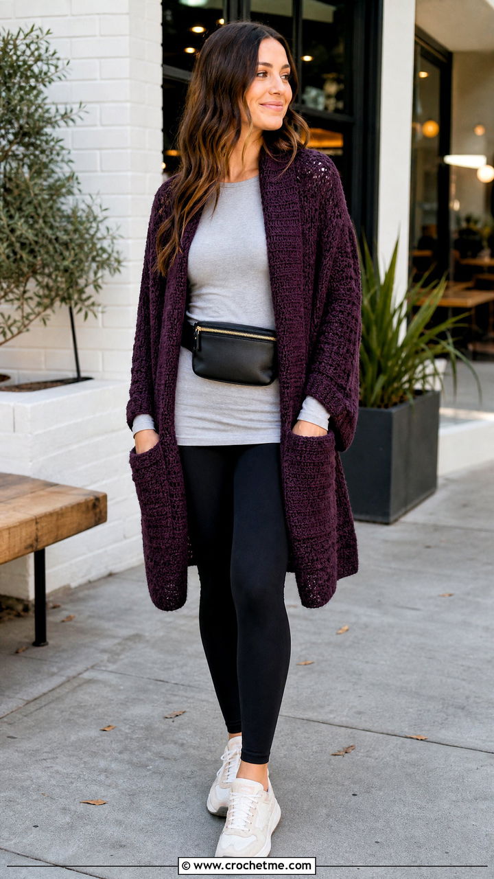 Pocket Crochet Shawl With Leggings - 35 easy simple crochet shawl outfit ideas