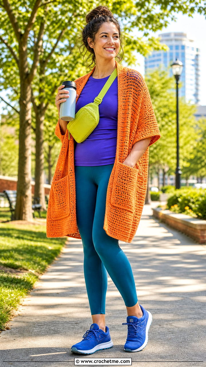 Pocket Crochet Shawl With Leggings And Sneakers - 35 crochet shawl outfit ideas