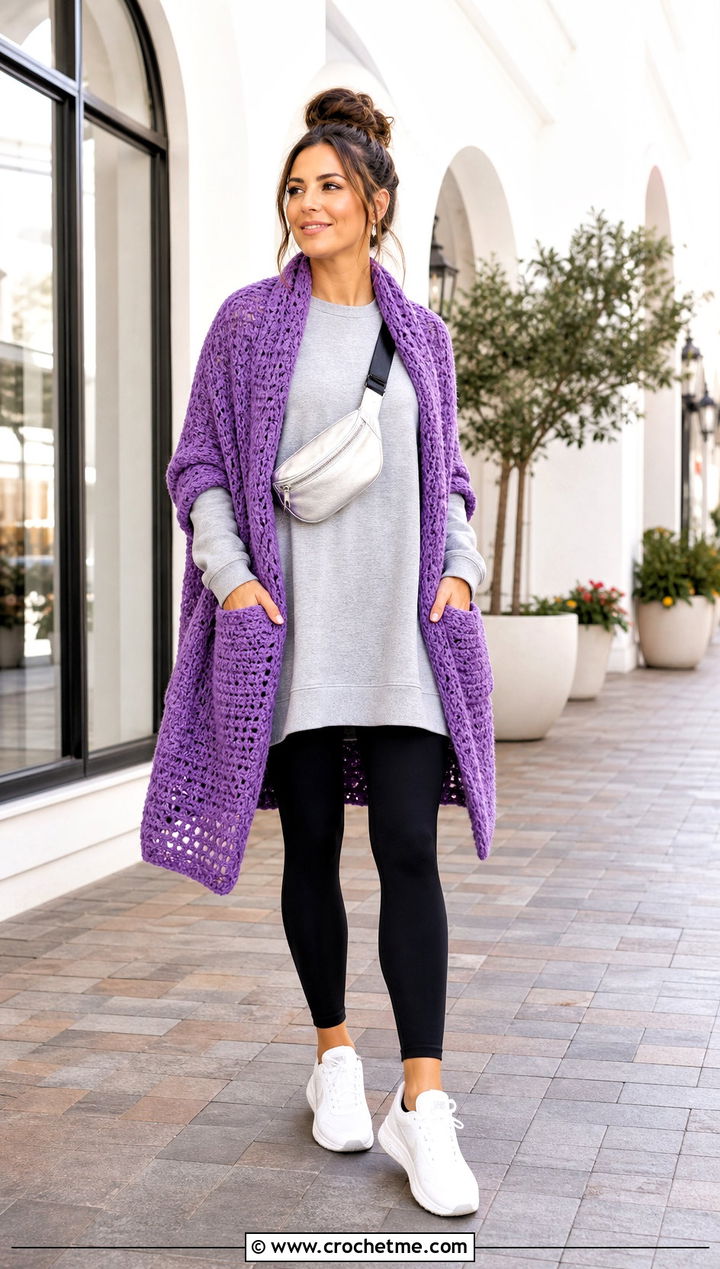 Pocket Crochet Shawl With Leggings And Sneakers - 35 easy crochet shawl outfit ideas