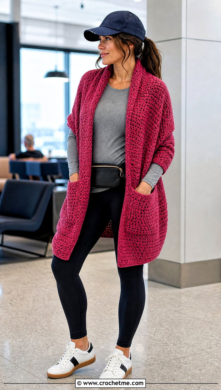 Pocket Crochet Shawl With Leggings And Sneakers - 25 Spring Crochet Shawl outfit ideas