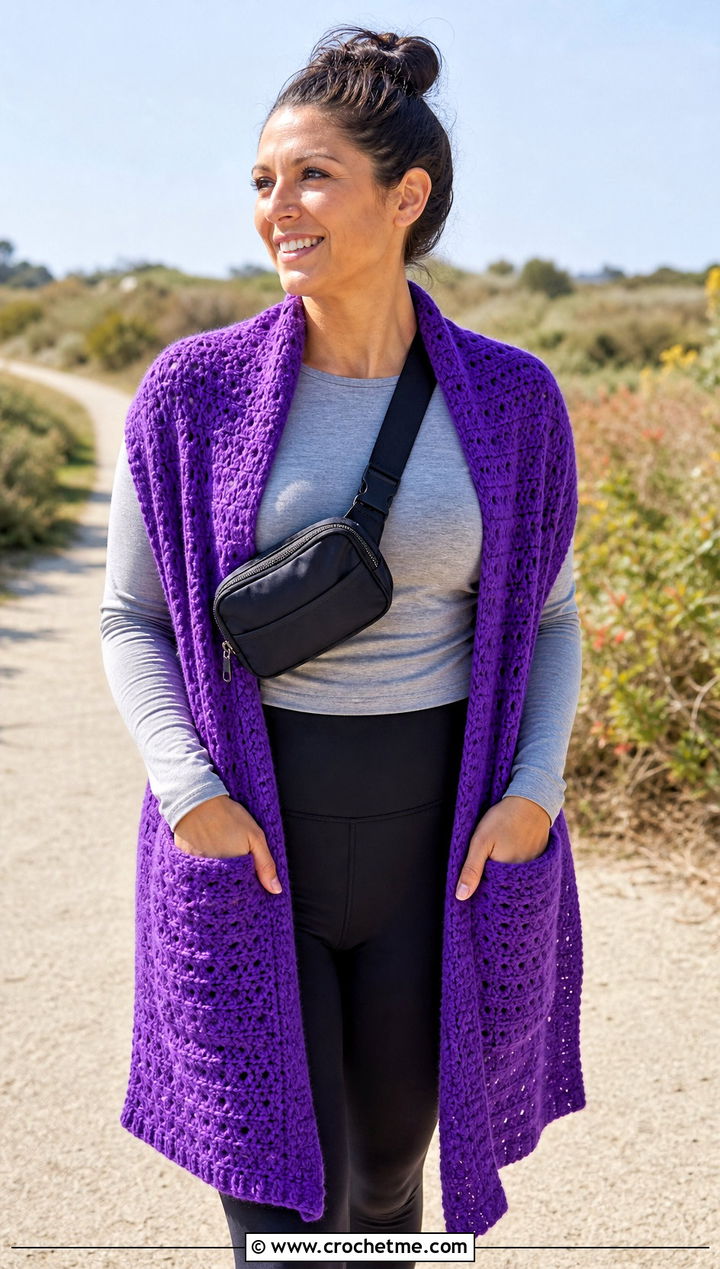 Pocket Crochet Shawl With Leggings And Sneakers - 20 Crochet For Shawls And Wraps outfit ideas