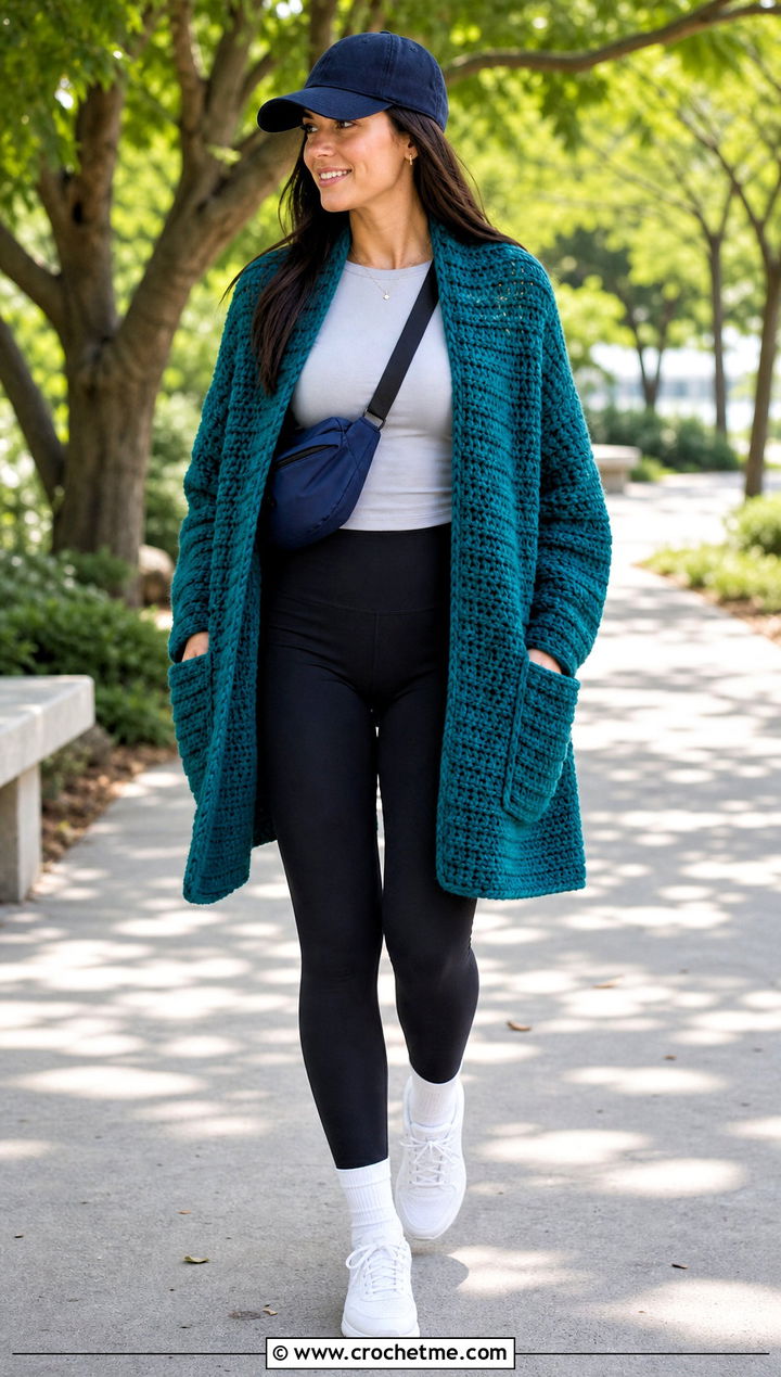 Pocket Crochet Shawl With Leggings And Sneakers - 20 Crochet Shawl Worsted Weight Yarn outfit ideas