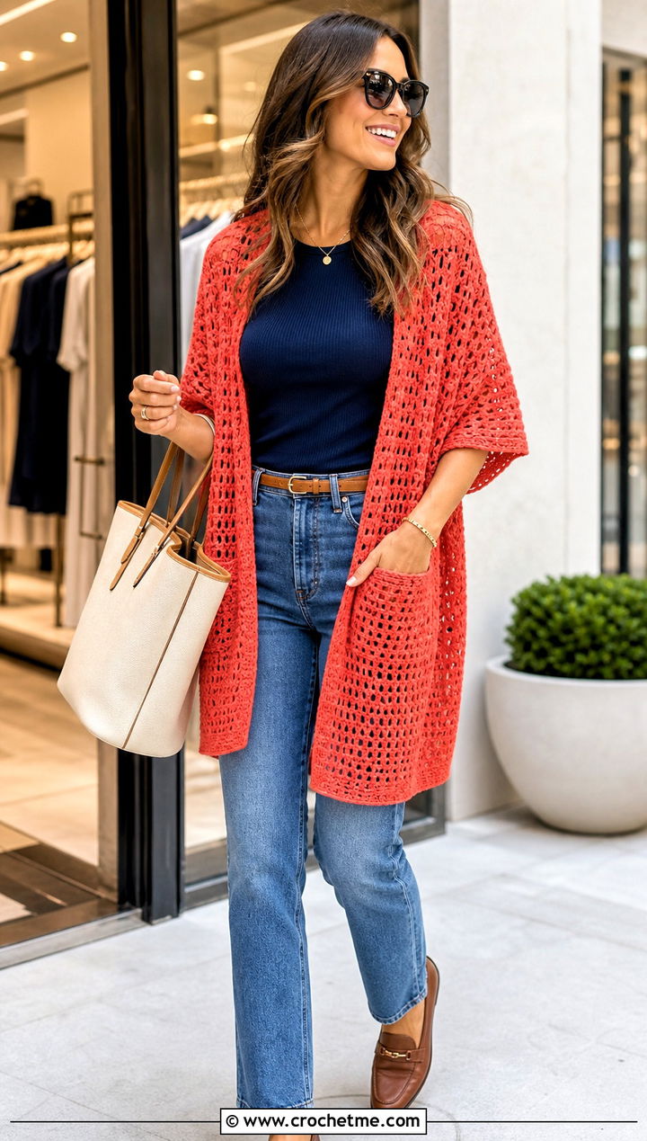 Pocket Crochet Shawl With Straight Leg Jeans - 20 Elegant Crochet Shawl outfit ideas