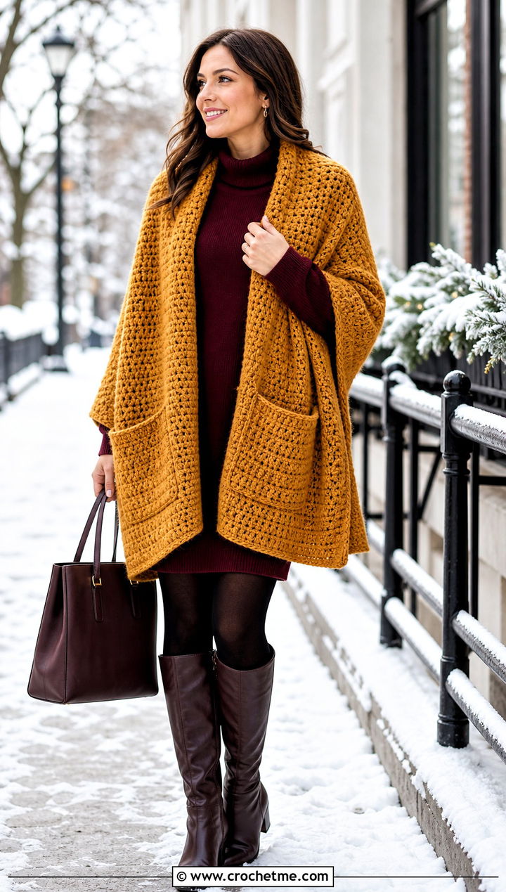 Pocket Crochet Shawl With Sweater Dress - 25 crochet for shawls outfit ideas