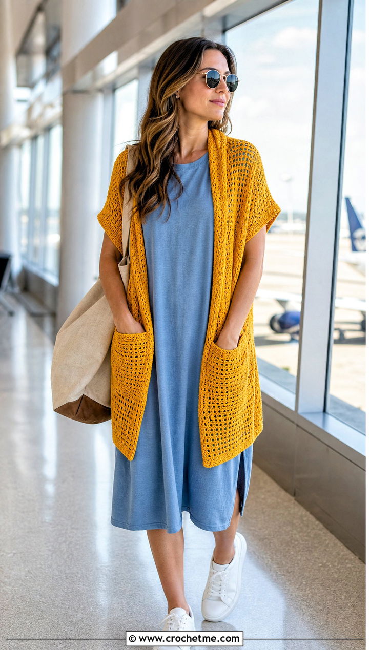 Pocket Crochet Shawl With T Shirt Dress - 30 summer crochet shawl outfit ideas