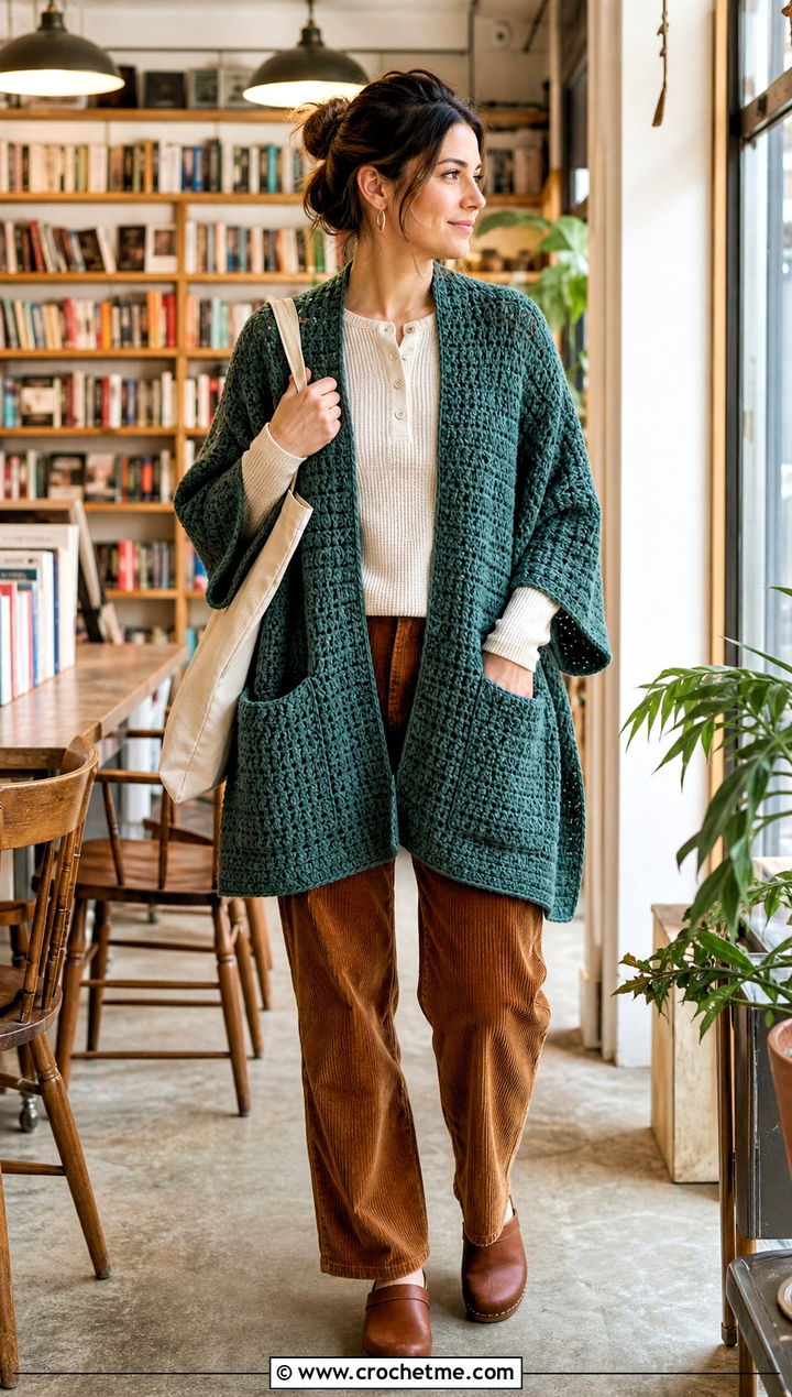 Pocket Crochet Shawl With Thermal Top And Corduroy Pants - 35 quick crochet shawl outfit ideas