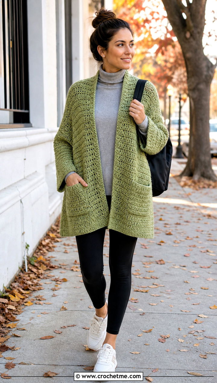 Pocket Crochet Shawl With Turtleneck And Leggings - 15 Easy Crochet Shawls outfit ideas