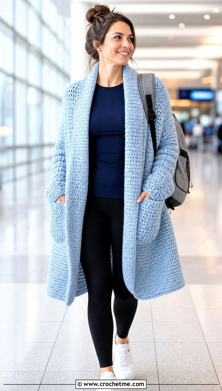 Pocket Crochet Shawl Wrap With Leggings And Sneakers - 15 Crochet Wraps outfit ideas