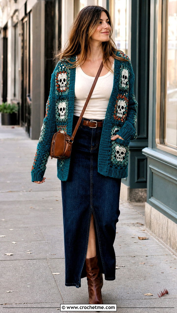 Pocket Crochet Skull Granny Square Cardigan With A Denim Maxi Skirt - 25 crochet skull granny square cardigan outfit ideas