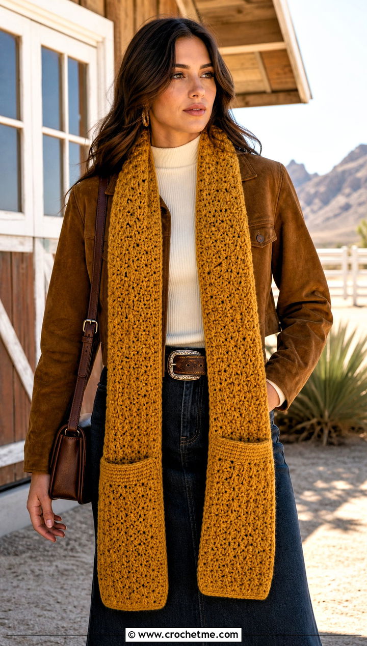 Pocket Crochet Star Stitch Scarf With Western Denim Outfit - 25 Crochet Star Stitch Scarf outfit ideas